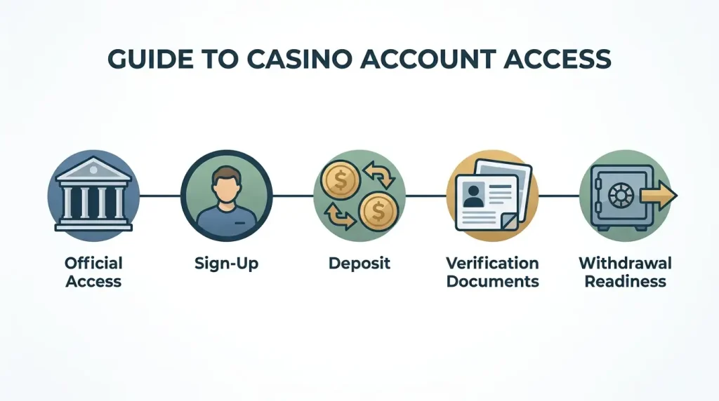 Editorial illustration of the Barz account journey from official access through sign-up, payment and verification readiness