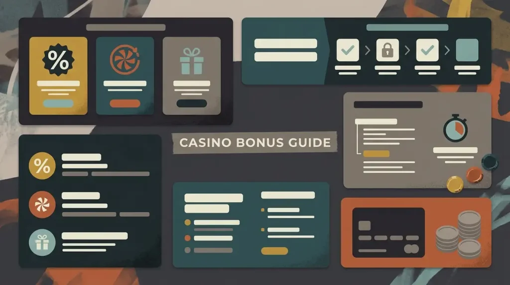 Illustration of a casino bonus checklist with neutral terms icons and no real bonus amount