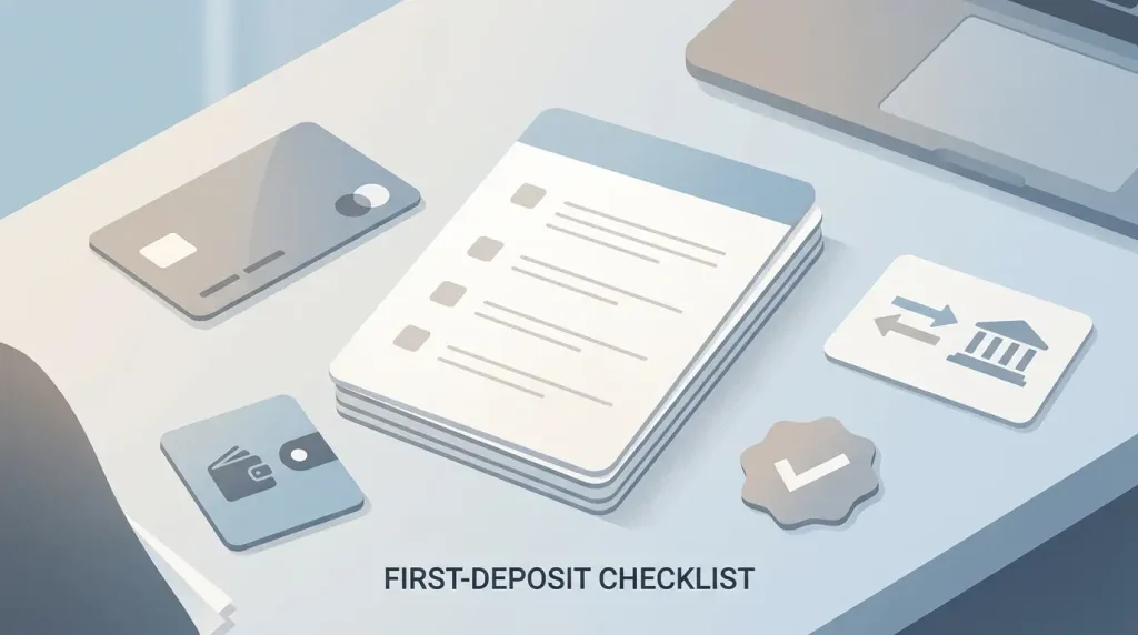 Editorial illustration of a UK casino first-deposit checklist without payment logos