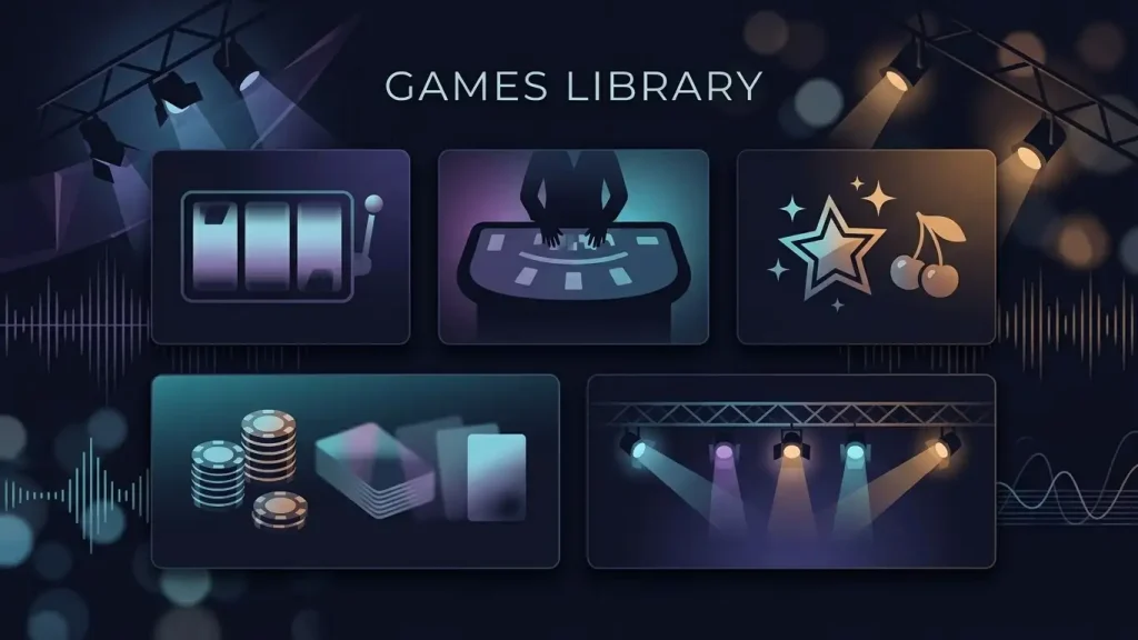 Abstract illustration of casino game categories with slots, live tables and jackpot cards