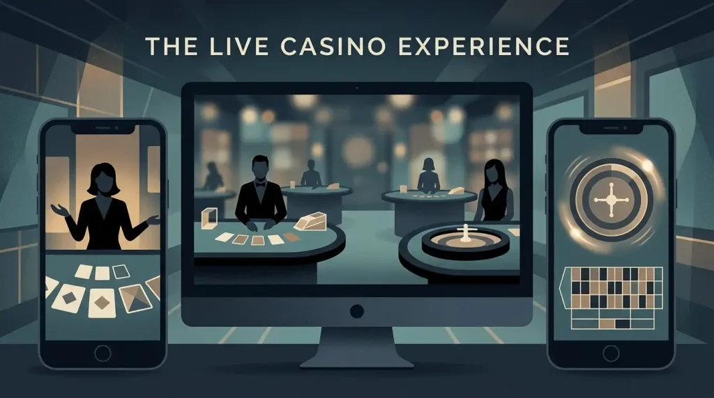 Generic illustration of live casino tables streaming on mobile and desktop screens