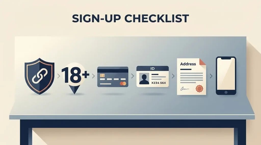 Editorial checklist for safe Barz Casino registration with official access, age, payment and document readiness icons