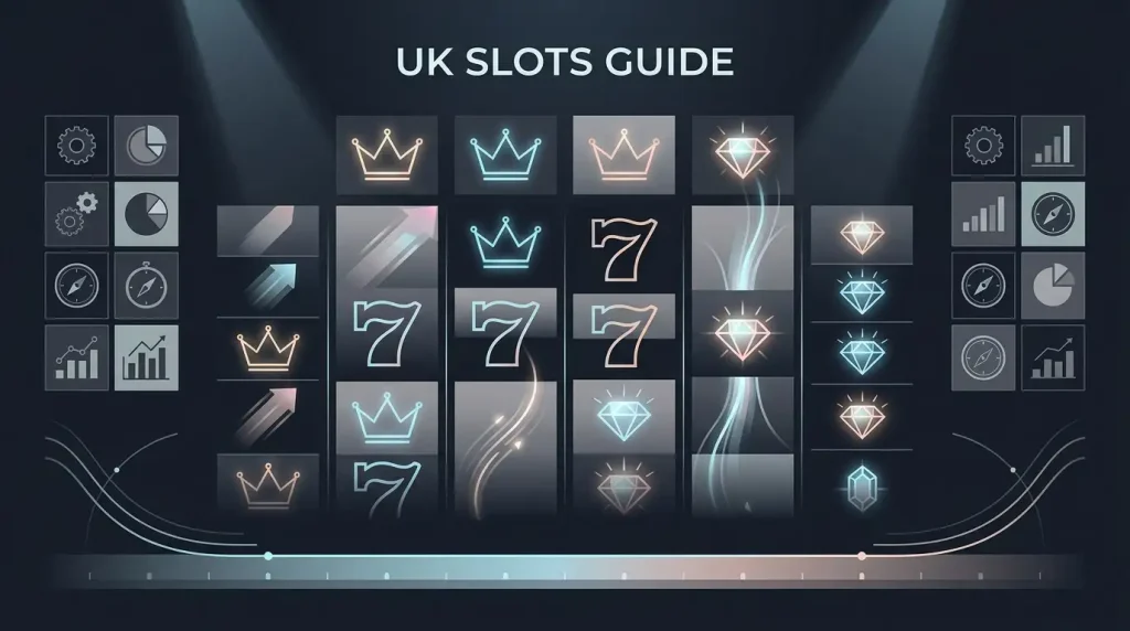 Abstract non-branded illustration of slot reels, jackpots and UK limit markers