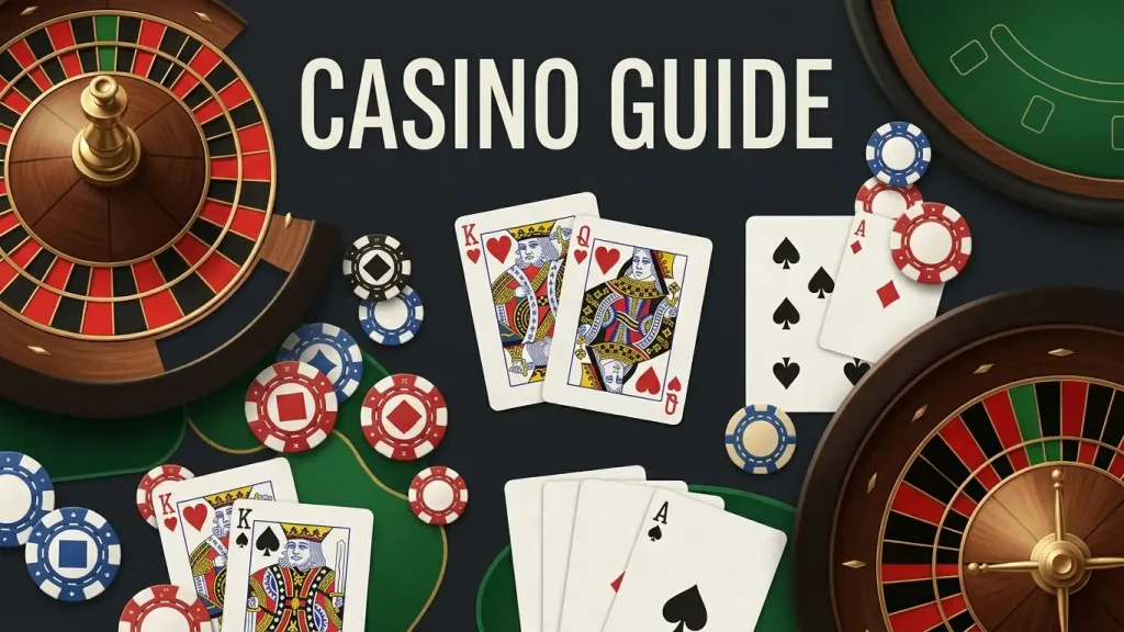 Editorial illustration of generic roulette, blackjack cards and poker chips for a table-games guide