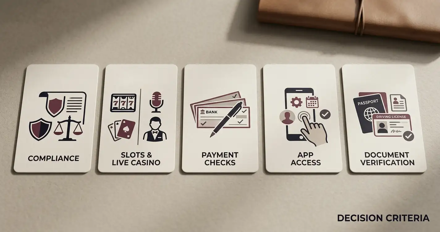 Illustration of review decision cards for licence, games, payments, app and verification