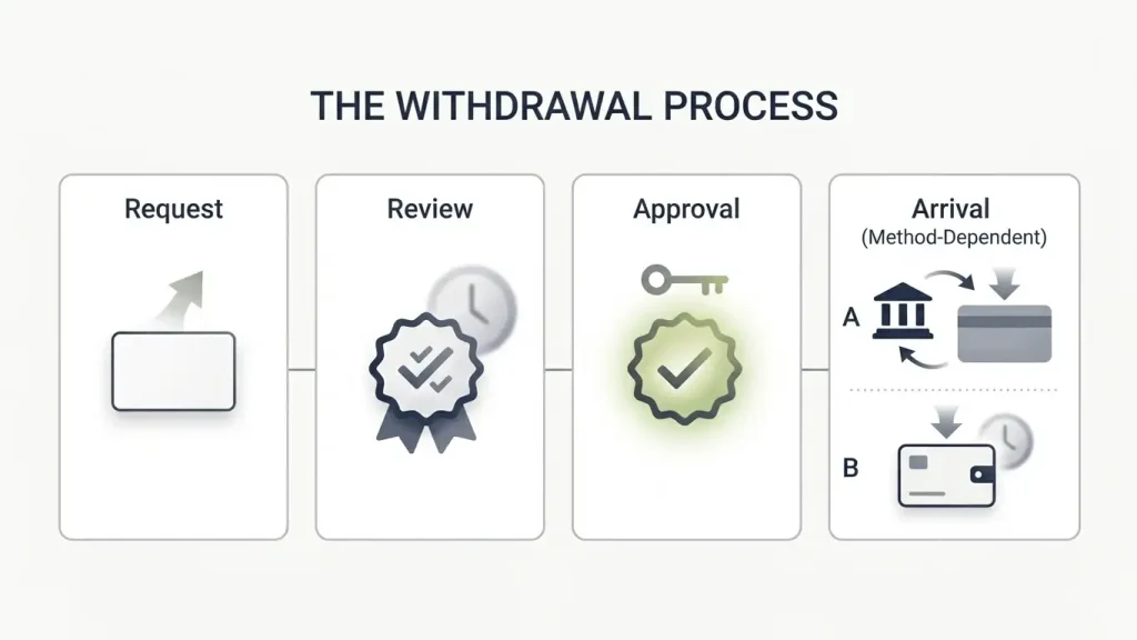 Editorial illustration of a withdrawal request moving through review and approval stages